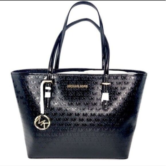 Michael KORS Jet Set Travel Carryall Tote Black Patent Leather MK - Picture 1 of 14